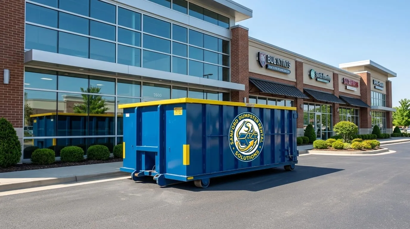 Commercial dumpster rental in Sanford, NC Commercial roll-off dumpster in a Sanford NC business parking lot