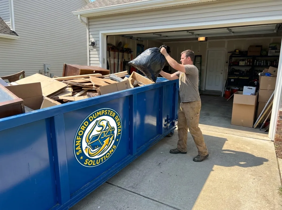 Sanford Dumpster Rental Solutions fleet of roll-off dumpsters and trucks in Sanford, NC